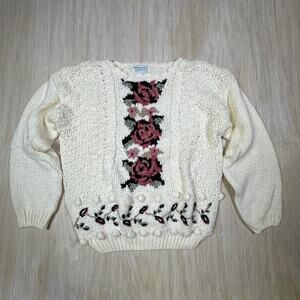 Vintage Jamie Scott Hand Knit Granny Core Floral Rose Knitted Sweater Medium